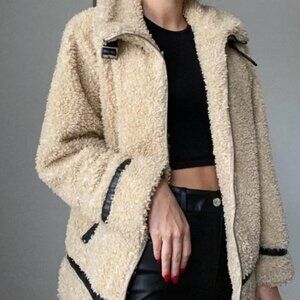 Madden Girl Teddy Jacket Womens Medium Tan Sherpa Faux Leather Trim Buckle Fur